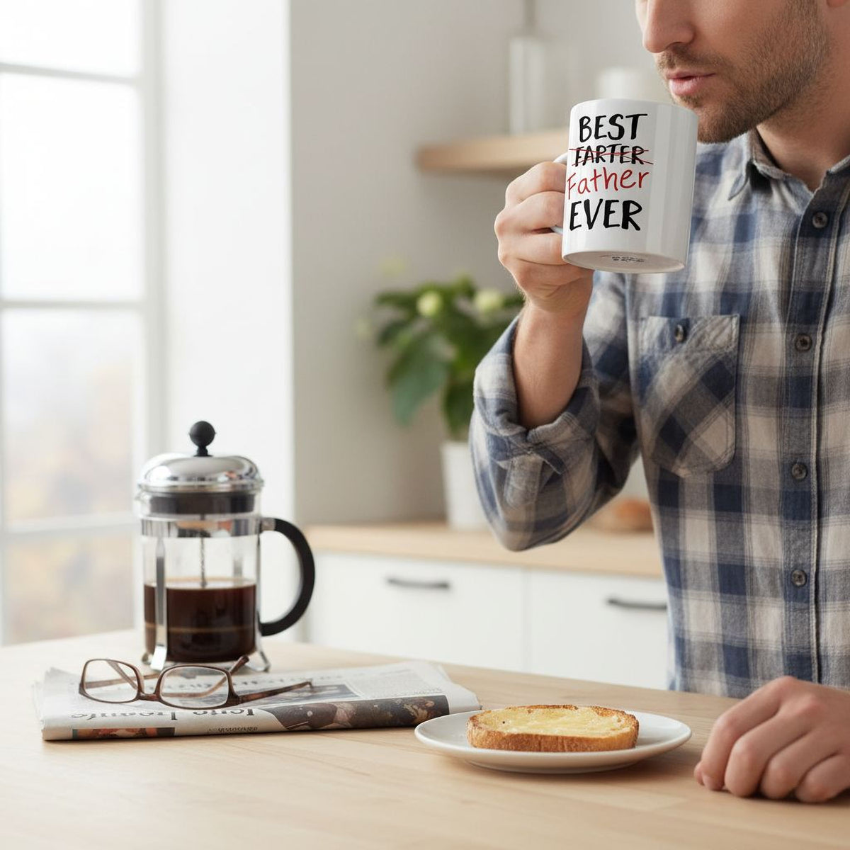 A man in a plaid shirt is sitting at a table, holding a coffee mug with the text "BEST TARTER FATHER EVER" printed on it. The table also has a French press coffee maker, a newspaper, and a plate with toast.