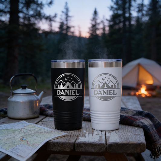 Two stainless steel tumblers with the word "DANIEL" printed on them, placed on a wooden picnic table with a map and a kettle nearby.