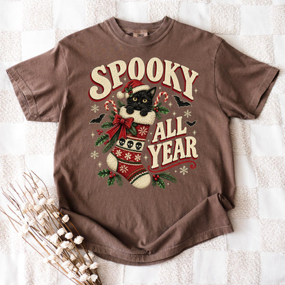Spooky All Year Shirt, Black Cat Christmas Tee, Goth Christmas Shirt, Creepmas Spooky Christmas Cat Gift, Witchy Christmas Cat Lover Top
