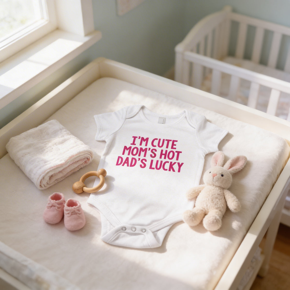 A white baby onesie with the text "I'm CUTE MOM'S HOT DAD'S LUCKY" printed on it, along with a pair of pink booties and a stuffed bunny rabbit, all placed on a white crib.