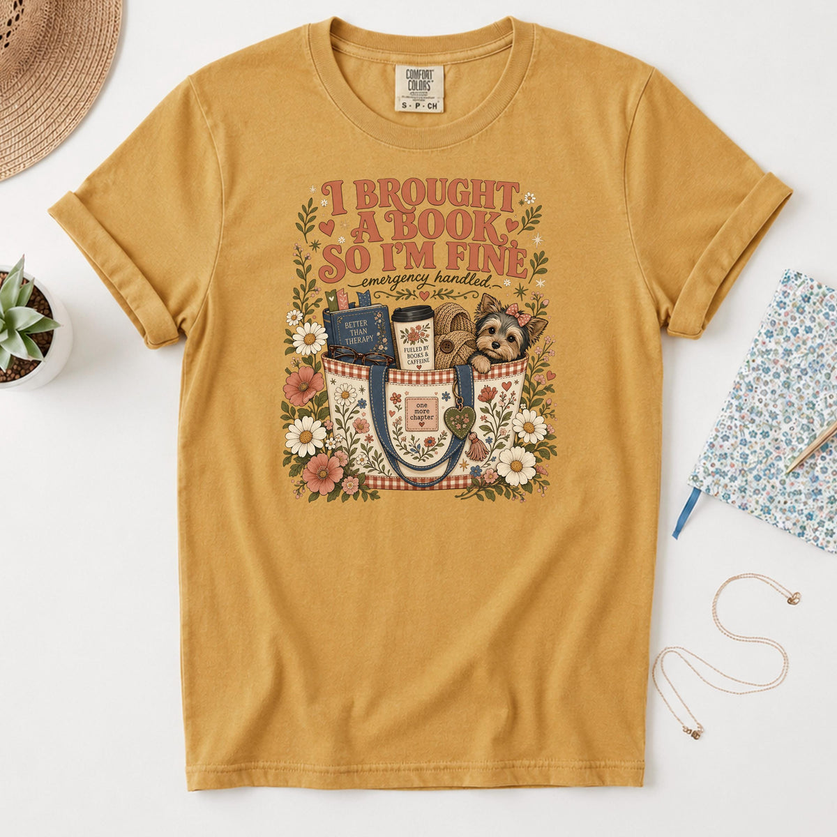 I Brought A Book So Im Fine Shirt, Funny Introvert Book Lover Tee, Books And Caffeine Reading Gift, Better Than Therapy Bookworm Dog Top