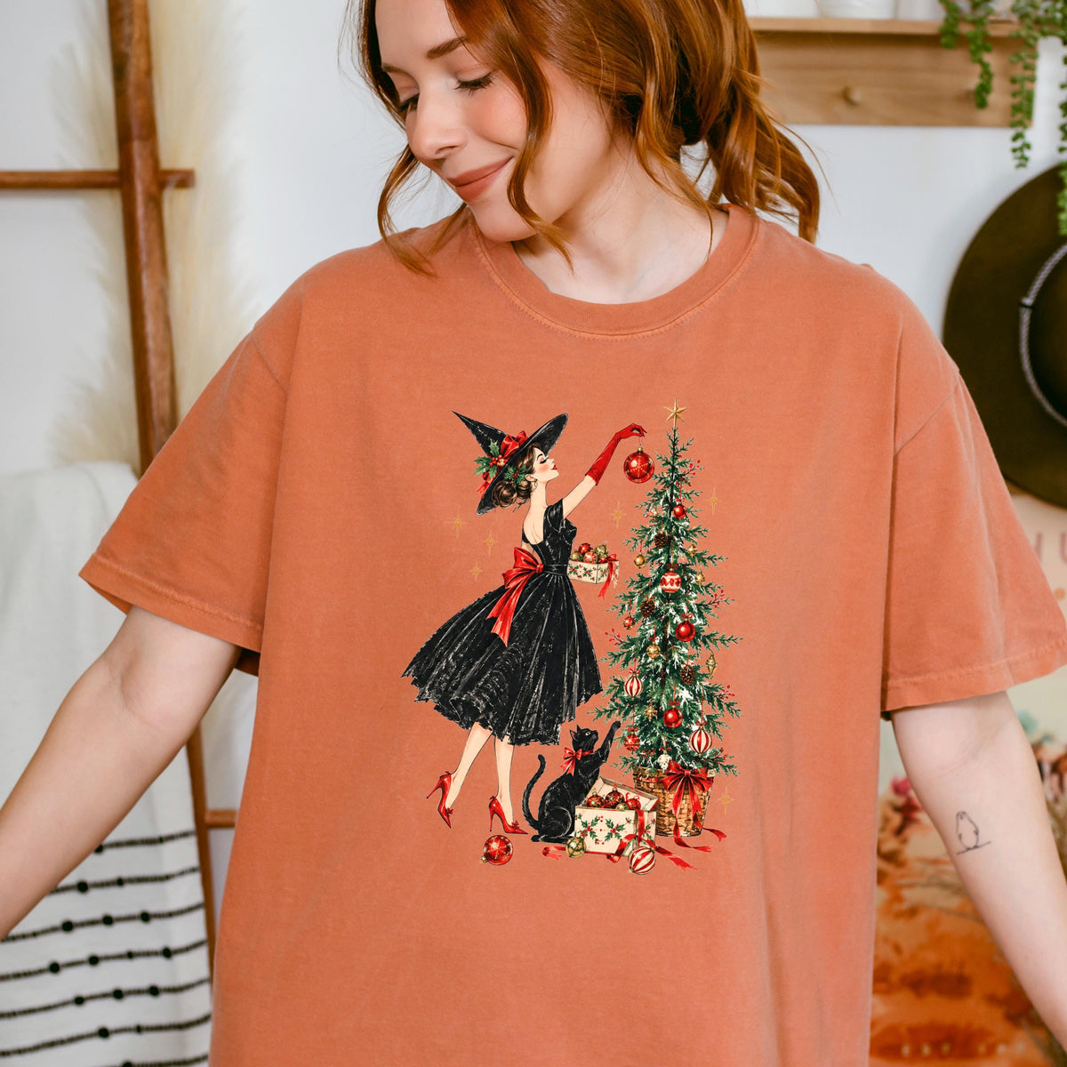 Vintage Christmas Witch Shirt, Elegant Witchy Christmas Tee for Her, Witch Decorating Tree with Black Cat, Retro Cottagecore Xmas Gift