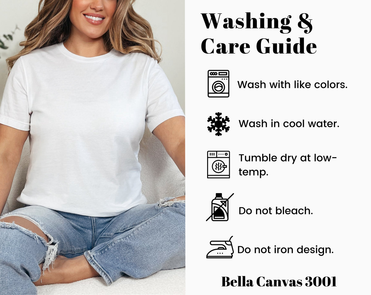 The image is a collage of two images. The left image features a woman sitting on a couch, and the right image shows a list of washing and care tips for a white t-shirt.