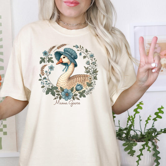 comfort colors tee, mama goose shirt, cottagecore aesthetic, vintage goose tee, floral animal shirt, bonnet goose t shirt, comfort color tshirt, cute goose graphic, soft washed tee, goose flower shirt, pastel animal shirt, cottagecore goose tee, mama shirt gift idea