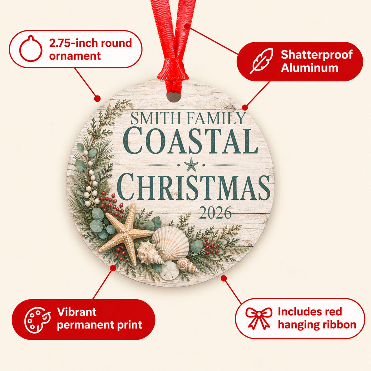 Personalized Coastal Christmas Ornament, Family Beach Christmas Keepsake with Name & Year, Nautical Seashell Ornament, Beach House Gift