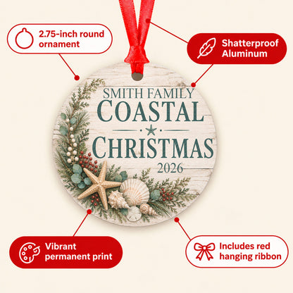 Personalized Coastal Christmas Ornament, Family Beach Christmas Keepsake with Name & Year, Nautical Seashell Ornament, Beach House Gift