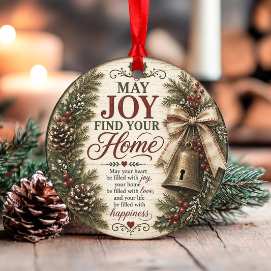 Christmas Ornament May Joy Find Your Home, Holiday Decor, Rustic Farmhouse Style, Pinecone Berry Bell, Gift Boxed