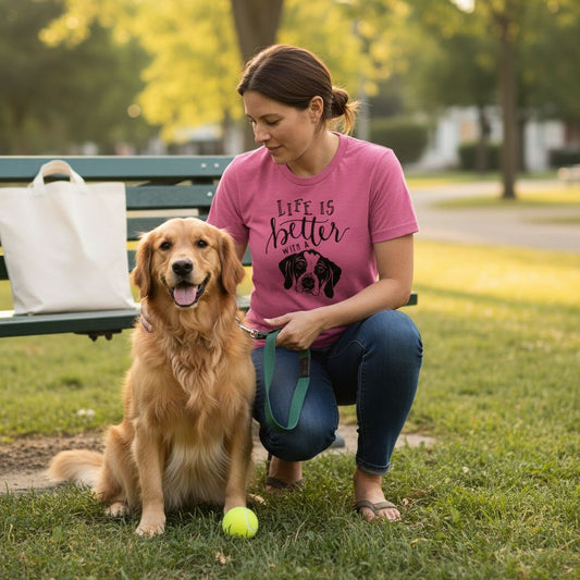 A woman in a pink t-shirt with a dog sitting on the grass next to a green park bench, with a tennis ball nearby.