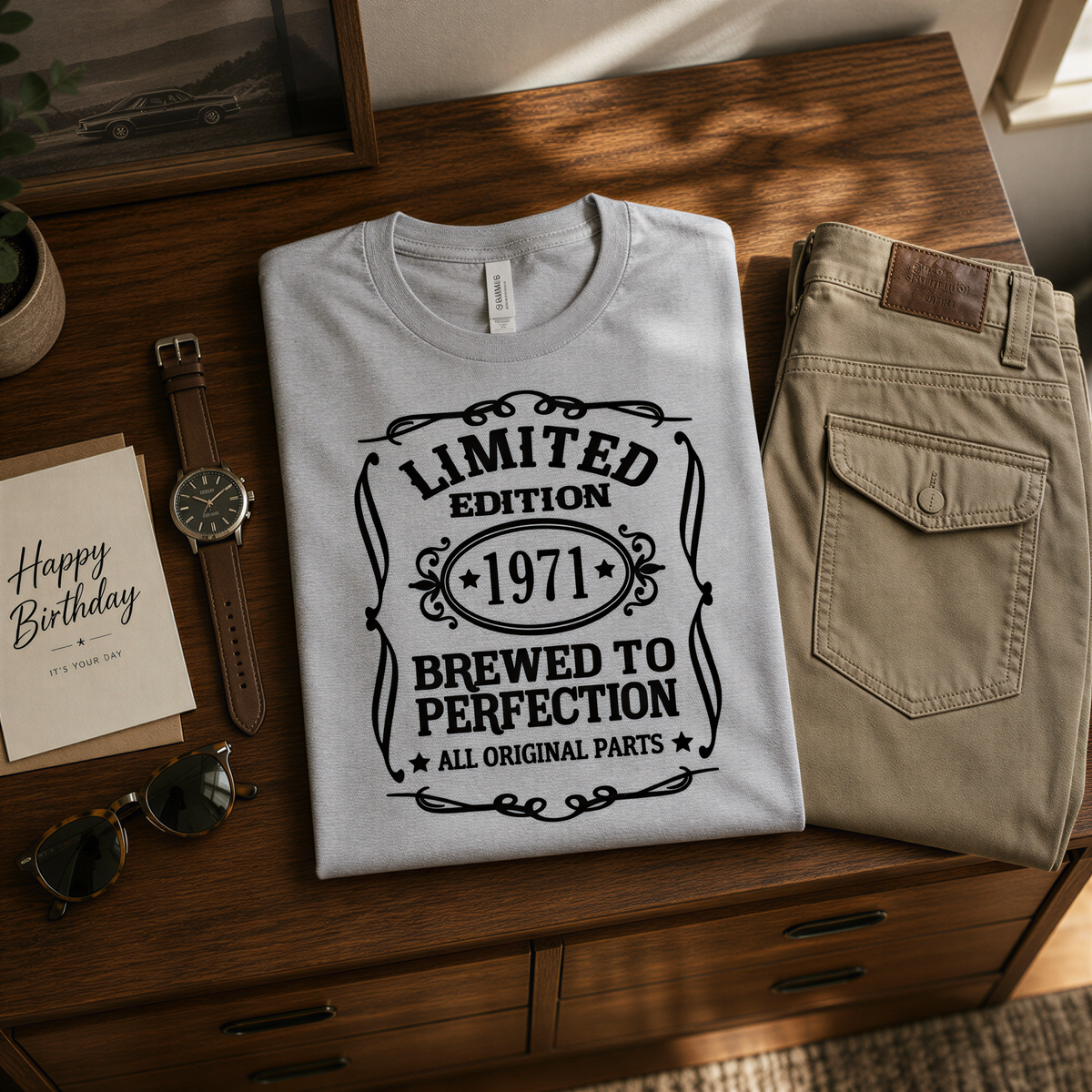 a collection of items, including a t-shirt with a printed design, a pair of khaki pants, a watch, sunglasses, and a birthday card.
