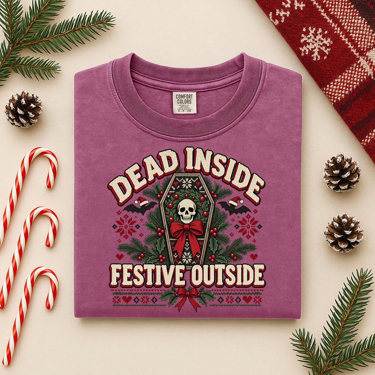 Dead Inside Festive Outside Shirt, Goth Christmas Tee, Funny Skeleton Christmas Shirt, Spooky Ugly Christmas Sweater Style, Creepmas Gift