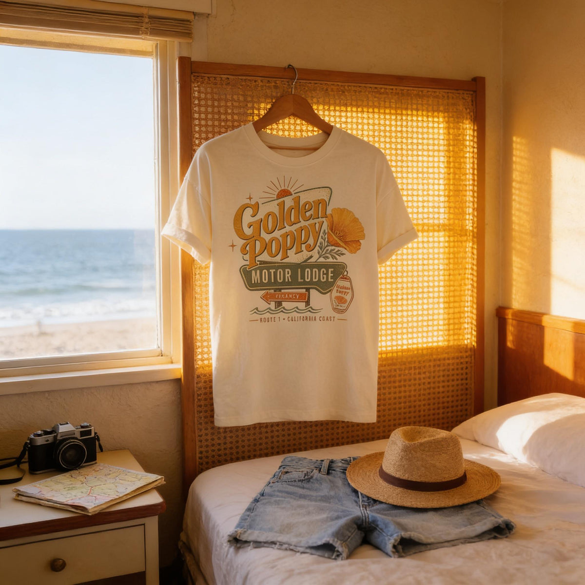 a bedroom with a bed, a hat, a pair of denim shorts, and a t-shirt hanging on a hanger. The room has a window overlooking the ocean, and there is a map on the nightstand.