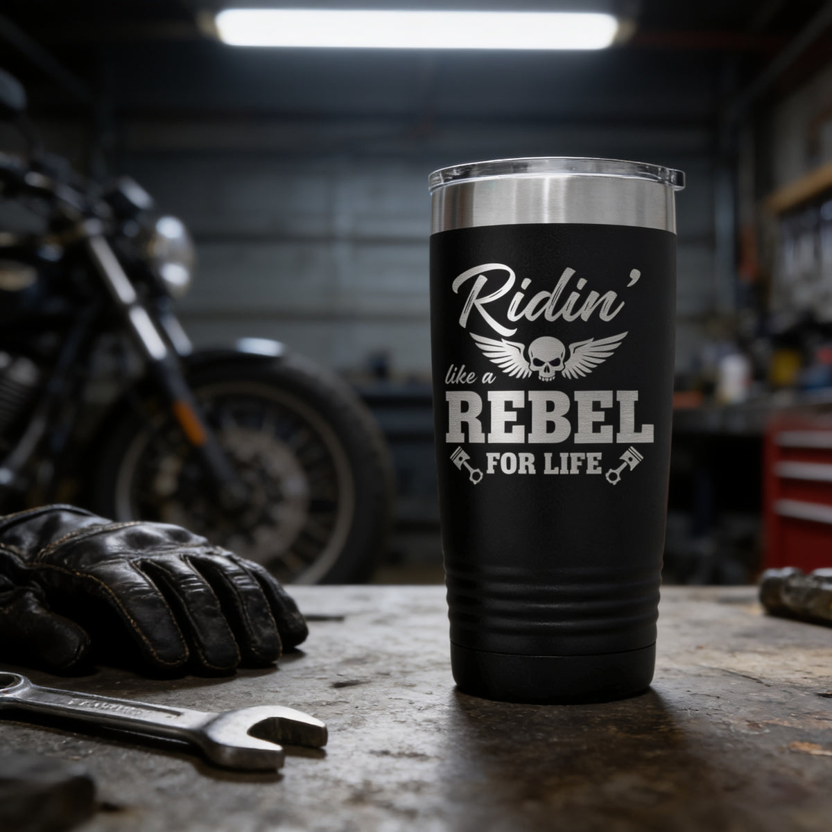 A black tumbler with a silver lid, featuring a humorous text that says "Ridin' like a REBEL for life" in white lettering. The tumbler is placed on a workbench with a wrench and gloves nearby.