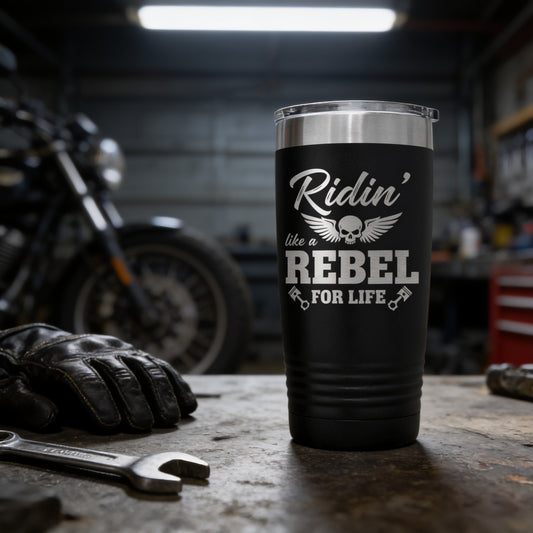 A black tumbler with a silver lid, featuring a humorous text that says "Ridin' like a REBEL for life" in white lettering. The tumbler is placed on a workbench with a wrench and gloves nearby.