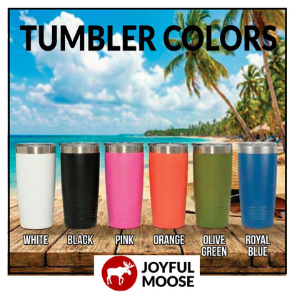 A collection of colorful tumblers arranged on a wooden surface, with a tropical beach and palm trees in the background.