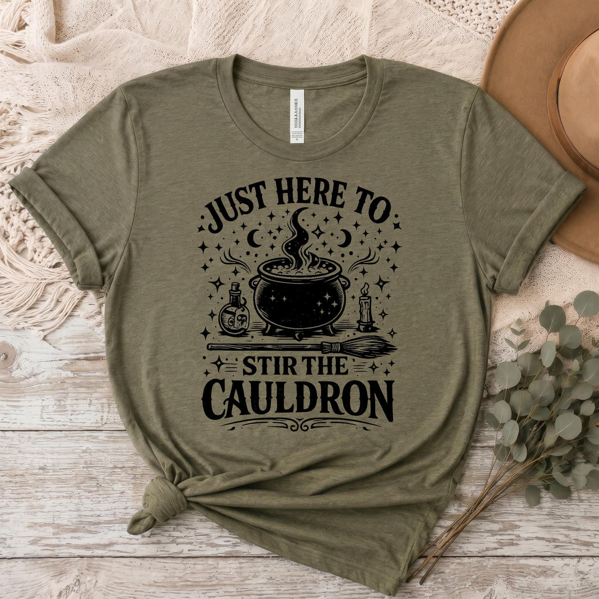 Bella Canvas Tee Just Here To Stir The Cauldron, Witch Cauldron Shirt, Funny Witch Shirt, Halloween Tshirt, Witchy Clothing Gift For Her
