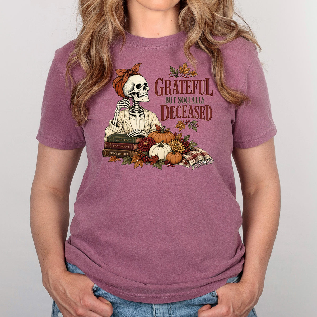 Grateful But Socially Deceased Shirt, Introvert Book Lover Tee, Funny Fall Skeleton Shirt, Bookish Fall Gift, Homebody Reading Top