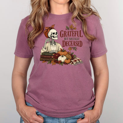 Grateful But Socially Deceased Shirt, Introvert Book Lover Tee, Funny Fall Skeleton Shirt, Bookish Fall Gift, Homebody Reading Top