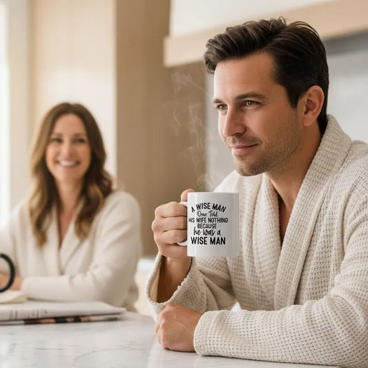 A man in a white robe is sitting at a table, holding a mug with text on it, while a woman is sitting across from him.