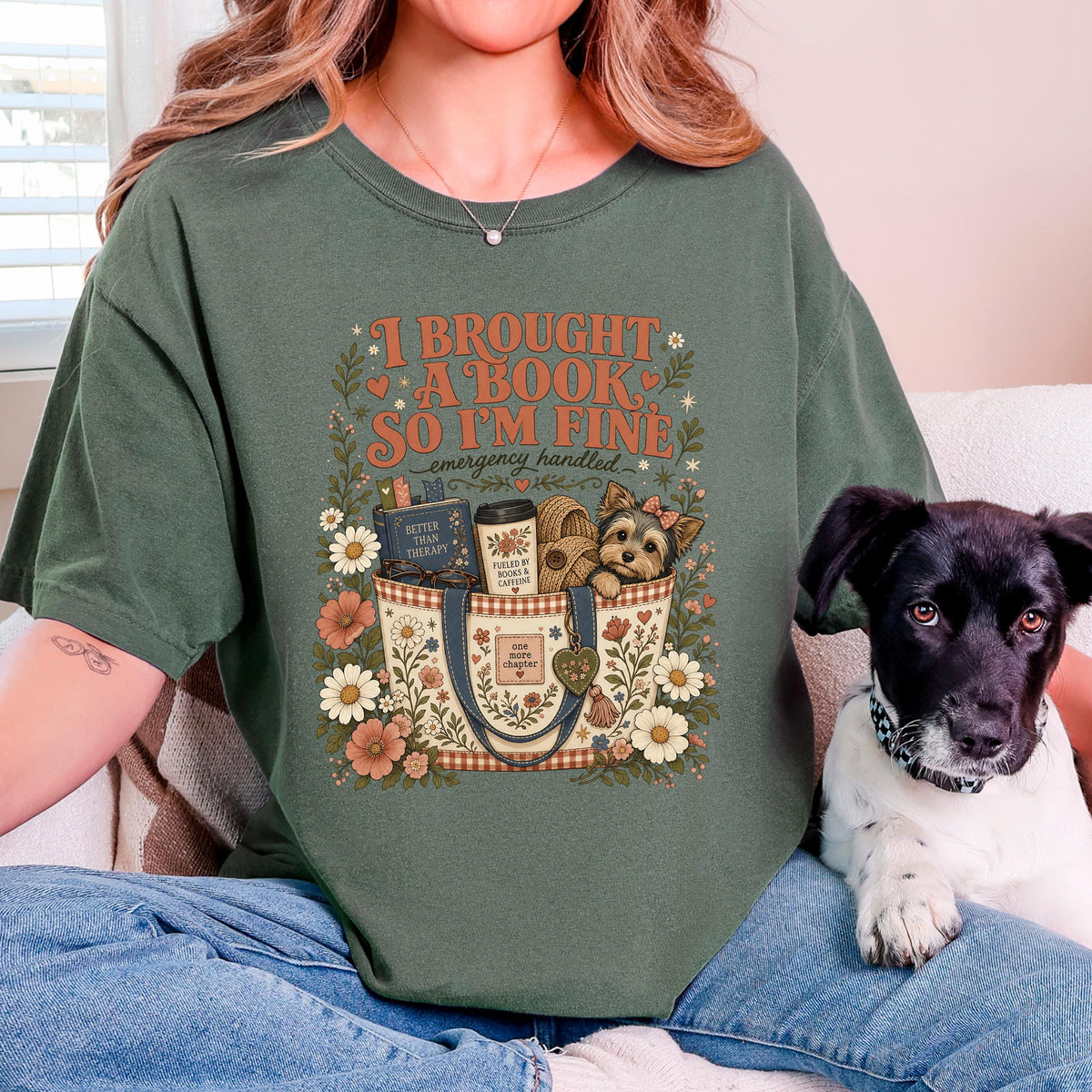 I Brought A Book So Im Fine Shirt, Funny Introvert Book Lover Tee, Books And Caffeine Reading Gift, Better Than Therapy Bookworm Dog Top