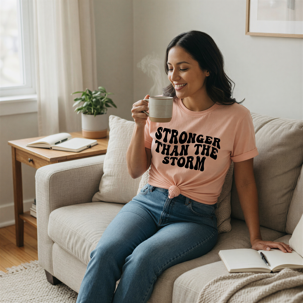 A woman sitting on a couch, holding a mug and smiling, wearing a pink t-shirt with the text "STRONGER THAN THE STORM".