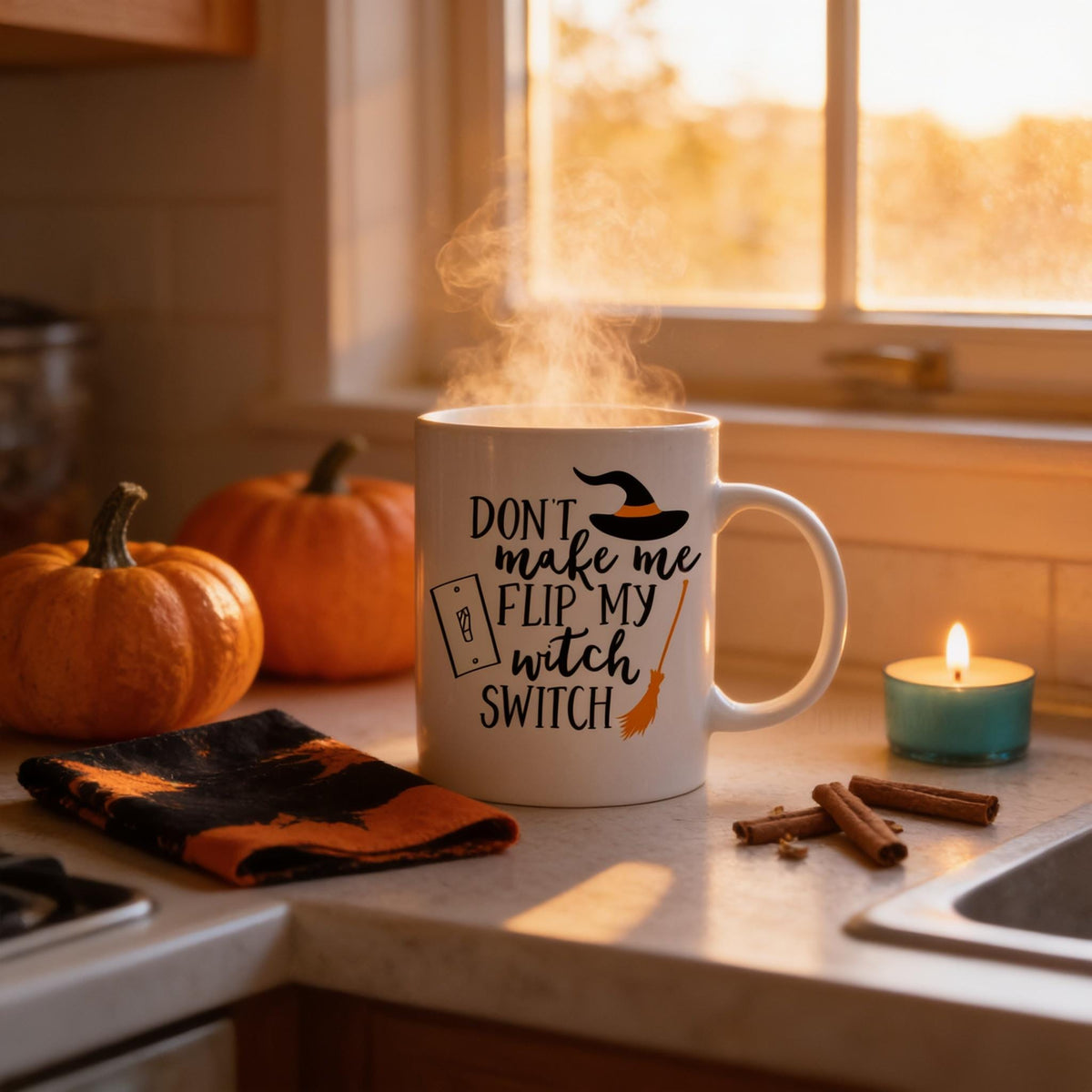 A mug with a humorous text design sits on a kitchen counter, surrounded by pumpkins and cinnamon sticks, with a lit candle nearby.
