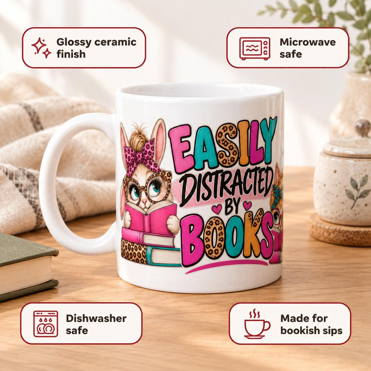 Easily Distracted By Books Mug, Cat Book Lover Coffee Mug, Funny Bookish Gift for Reader, Cute Cat Lover Mug, Book Club Gift for Her