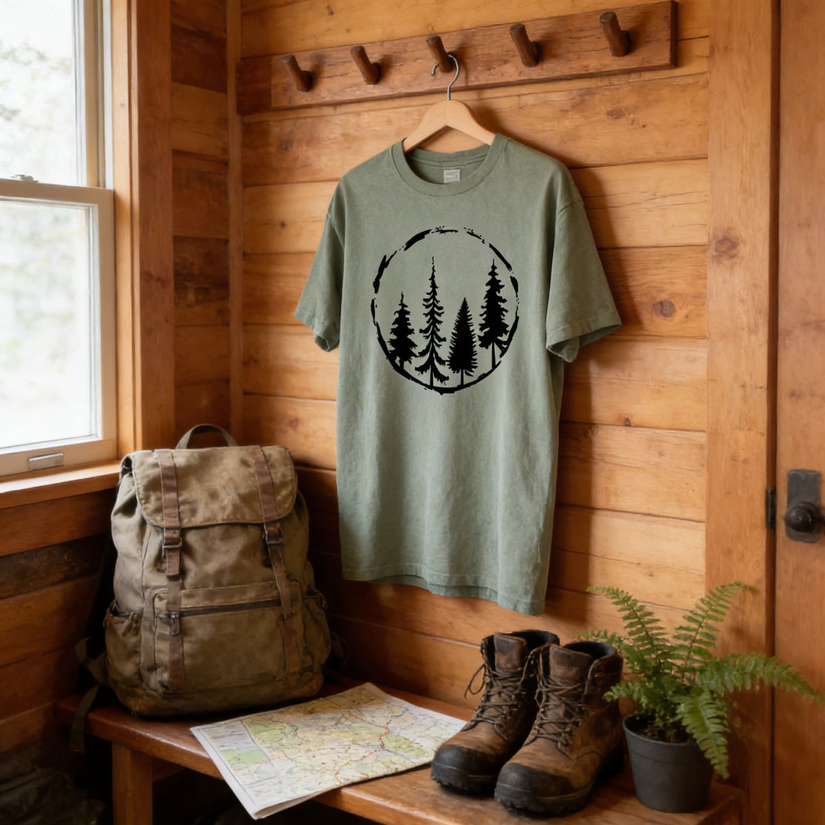 a wooden wall with a hanging t-shirt featuring a circular design of trees, a backpack, a map, and a pair of boots, all arranged on a wooden bench.
