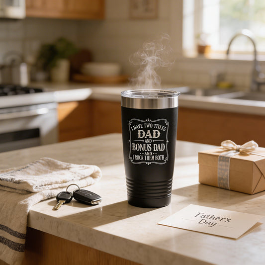 A black tumbler with a humorous text printed on it, placed on a kitchen counter next to a set of keys and a gift box.