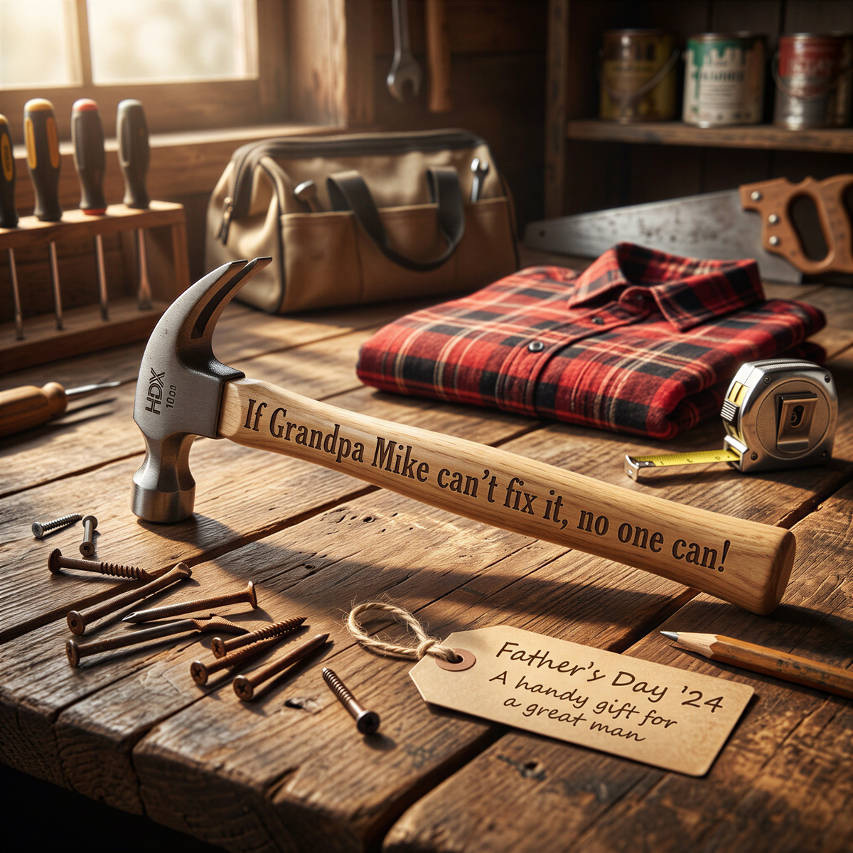 a wooden workbench with various tools and a hammer, along with a plaid shirt and a handwritten note.