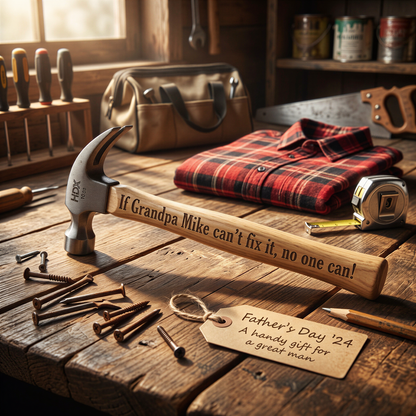 a wooden workbench with various tools and a hammer, along with a plaid shirt and a handwritten note.