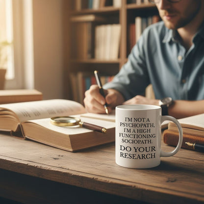 A person is sitting at a desk, writing on a piece of paper with a mug in front of them. The mug has text on it that says "I'm not a psychopath, I'm a high functioning antisocialopath. DO YOUR RESEARCH".