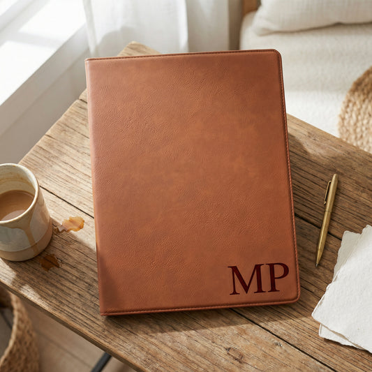 A brown leather-bound notebook with the initials "MP" printed on it, placed on a wooden surface next to a mug and a pen.