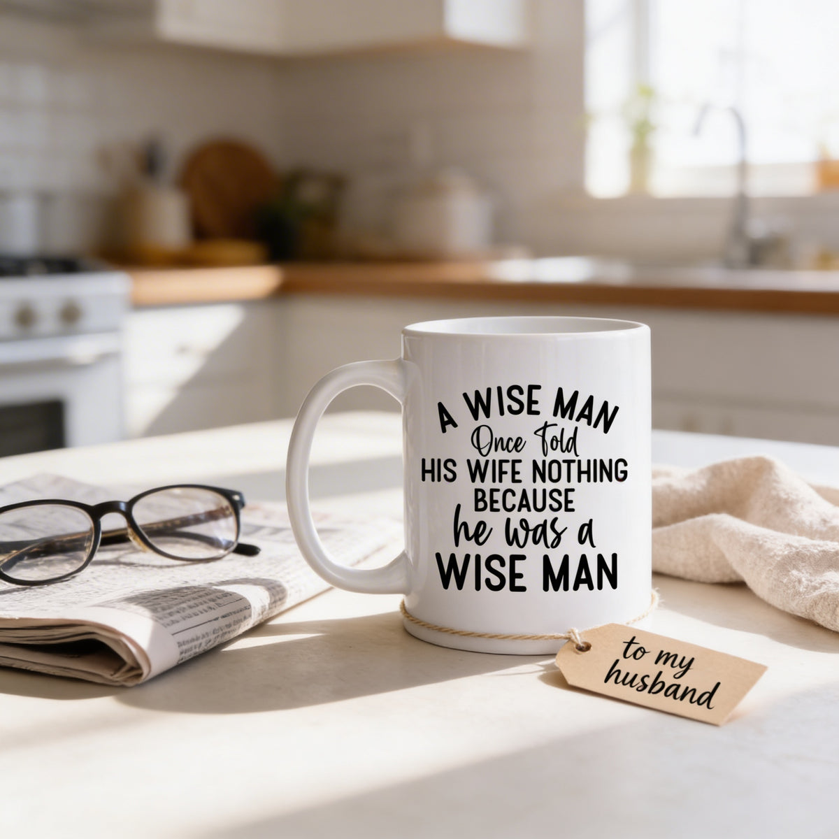 A white mug with a humorous text printed on it, placed on a kitchen counter next to a pair of glasses and a newspaper.