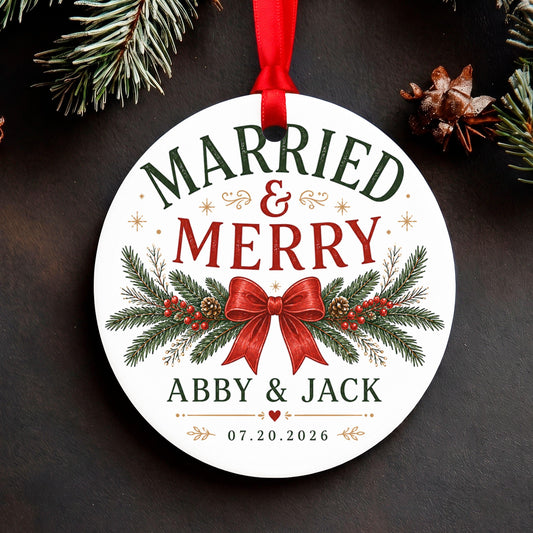 Married and Merry Ornament, Personalized First Christmas Married Keepsake, Newlywed Couples Ornament with Names & Date, Wedding Gift 2026