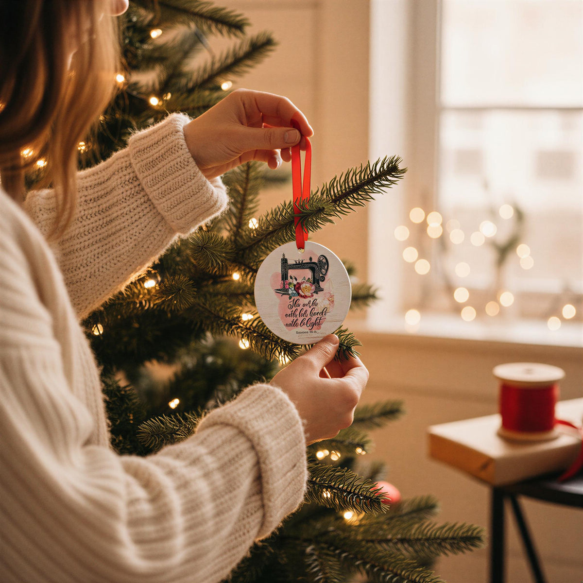 A person in a white sweater is decorating a Christmas tree with a round ornament featuring a sewing machine and the text "I love you with all my heart".