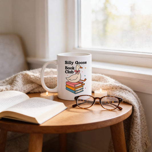 A white mug with a cartoon goose and the text "Silly Goose Book Club" sits on a wooden table next to a pair of glasses and an open book.