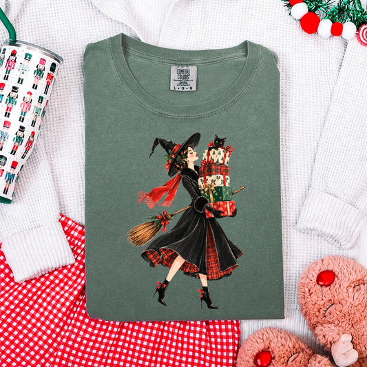 Christmas Witch Shirt, Witchy Christmas Tee for Her, Glam Witch with Black Cat Shirt, Cute Cottagecore Christmas Gift, Witchmas Cat Tee