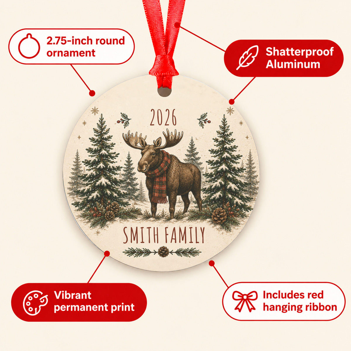 Personalized Moose Family Christmas Ornament 2026, Custom Name Holiday Decor, Rustic Winter Animal Tree Decoration, Gift Box