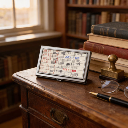 a wooden desk with a metal card holder displaying a calendar, a pair of glasses, and a pen, all placed on top of a stack of books.