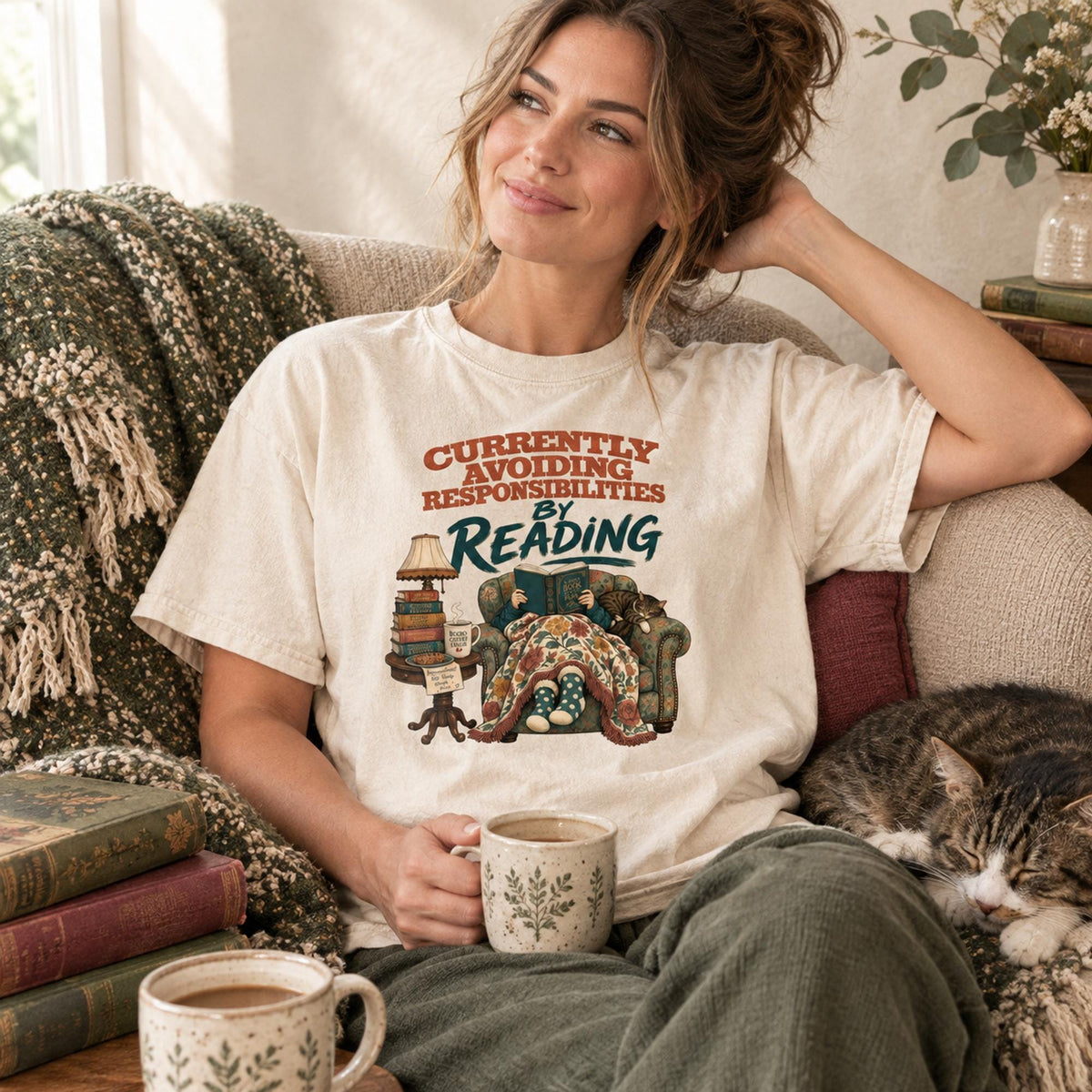 Currently Avoiding Responsibilities By Reading Shirt, Funny Book Lover Tshirt, Cozy Cat Bookworm Gift, Cottagecore Reading Tee for Her
