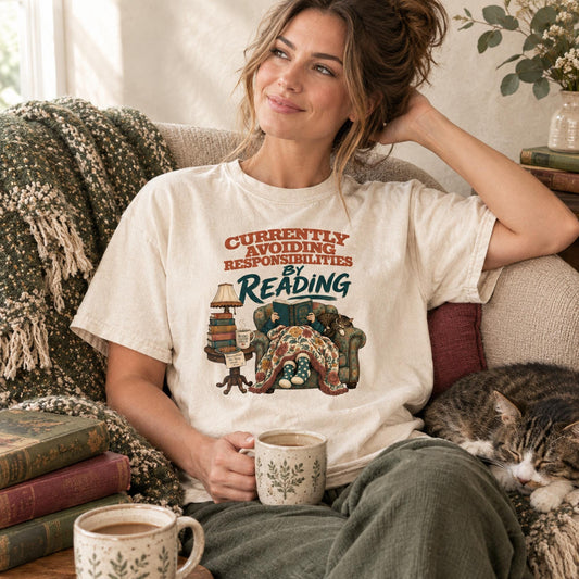 Currently Avoiding Responsibilities By Reading Shirt, Funny Book Lover Tshirt, Cozy Cat Bookworm Gift, Cottagecore Reading Tee for Her
