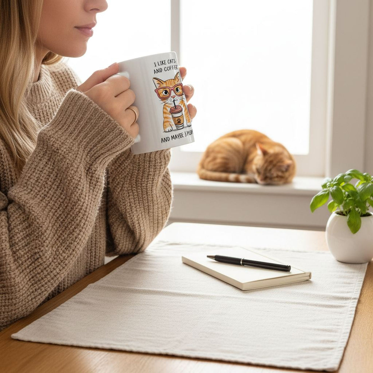 A woman is sitting at a table, holding a mug with a cat design, while a cat is sleeping on a windowsill in the background.