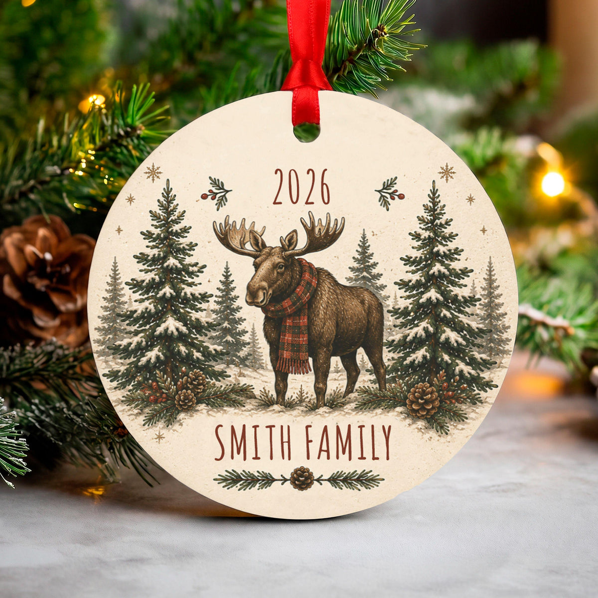 Personalized Moose Family Christmas Ornament 2026, Custom Name Holiday Decor, Rustic Winter Animal Tree Decoration, Gift Box