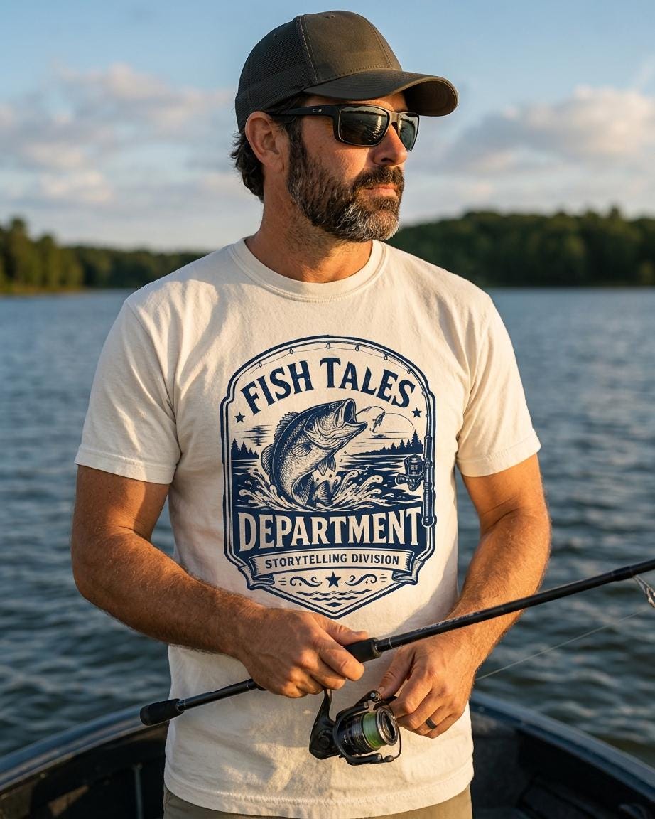 Fish Tales Department Shirt, Funny Fishing Tee for Men, Bass Fishing Back Print Shirt, Fishing Gift for Dad Grandpa, Fisherman Gift