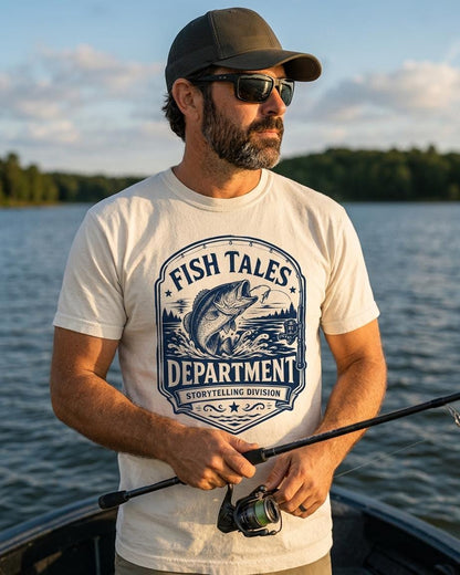 Fish Tales Department Shirt, Funny Fishing Tee for Men, Bass Fishing Back Print Shirt, Fishing Gift for Dad Grandpa, Fisherman Gift