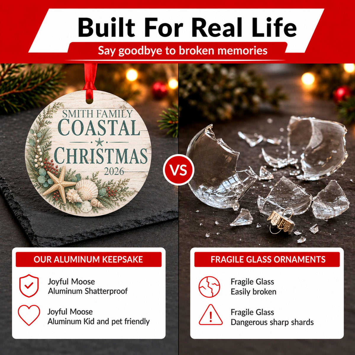 Personalized Coastal Christmas Ornament, Family Beach Christmas Keepsake with Name & Year, Nautical Seashell Ornament, Beach House Gift