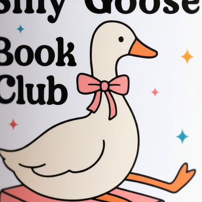 A cartoon image of a white duck with a pink bow around its neck, sitting on a pink surface with stars in the background.