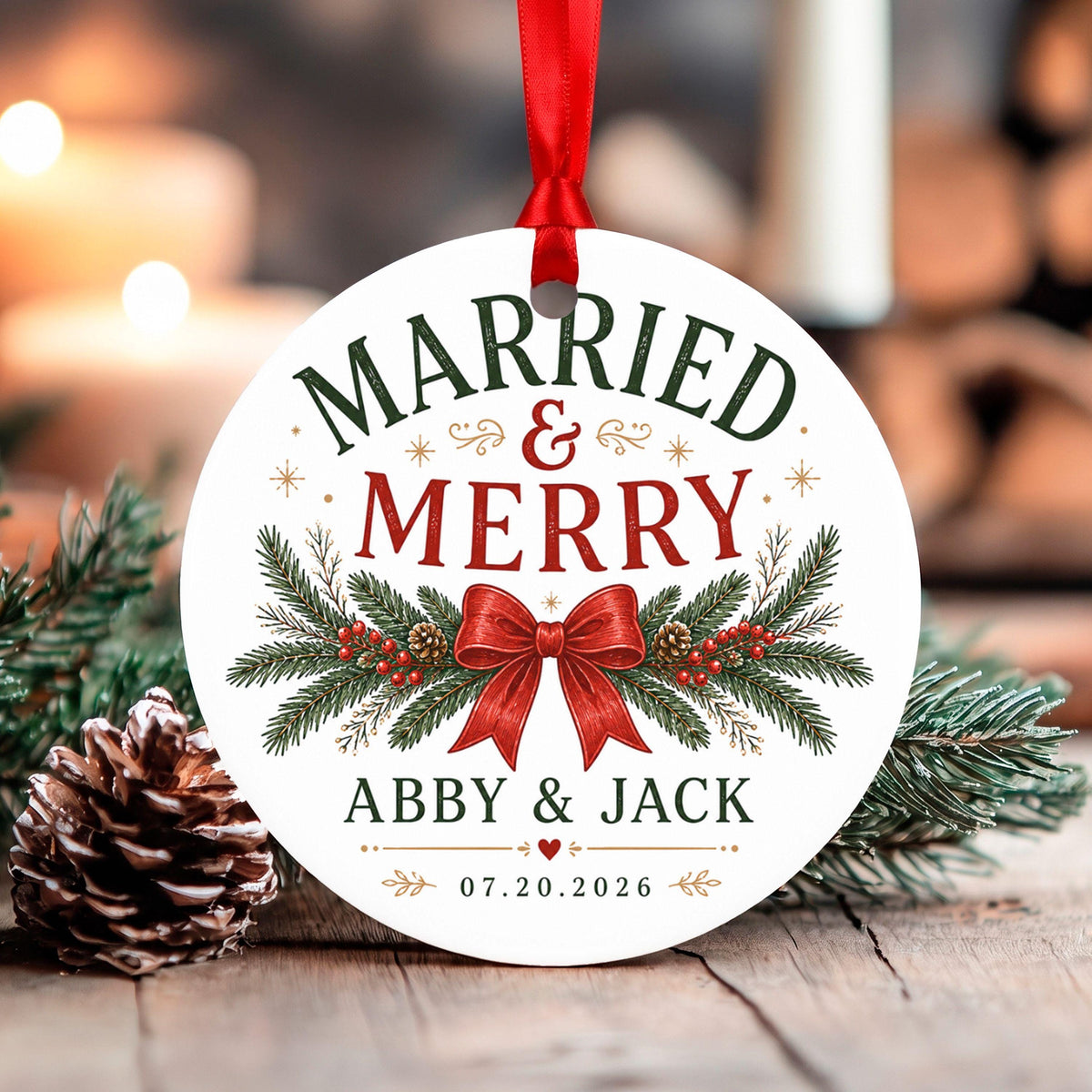Married and Merry Ornament, Personalized First Christmas Married Keepsake, Newlywed Couples Ornament with Names & Date, Wedding Gift 2026
