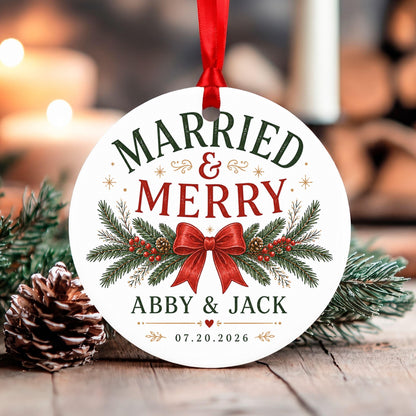 Married and Merry Ornament, Personalized First Christmas Married Keepsake, Newlywed Couples Ornament with Names & Date, Wedding Gift 2026