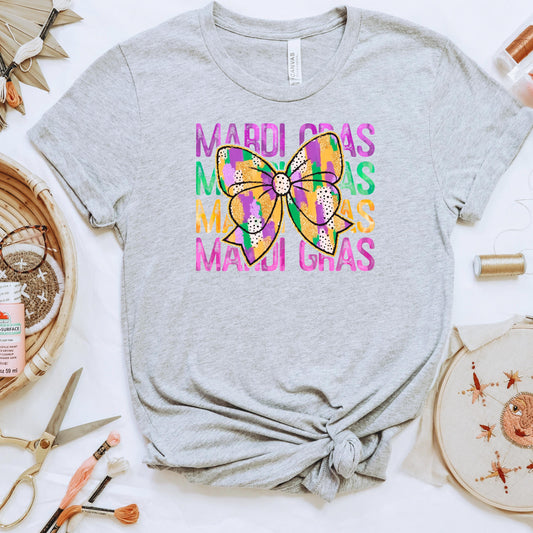 Mardi Gras Shirt - Purple Green Gold Coquette Bow Tee | New Orleans Carnival Outfit